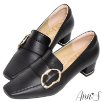 Ann’S超柔軟綿羊皮-達利軟時鐘金屬顯瘦小方頭低跟樂福鞋-4cm-黑