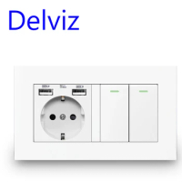 Delviz EU Standard Switch Outlet, 16A Light Switch,2 Gang 1 Way / 2 Way, White Double frame Panel,Wall Embedded USB Power Socket