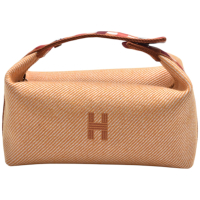 HERMES 經典Bride-a-Brac au Carre斜紋格紋帆布拉鍊手提盥洗包(小-橘色)