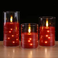 Electronic 3D Wick LED Candles With Remote and String Led,Transparent/Grey/Red Candles Led For Wedding,Bars,Party,Room Decor.,