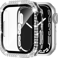 Tempered Glass+Cover For Apple Watch 41mm 45mm 44mm 40mm 42mm 38mm Diamond Screen Protector Case iWatch series 9 6 5 4 3 se 7 8