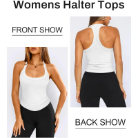 Women's Halter Top, Deep V-Neck, Low Cut, Back Tank Top for Women, Exercise, Ribbed Knit, White, Sma