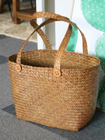 家好點 草編手提袋 編織購物籃文藝范野餐籃戶外 沙灘百搭收納袋
