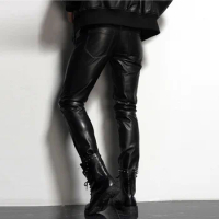 Men's Leather Pant Slim Leather Skinny Biker Pants Motorcycle Punk Rock Pants Tight Leather Pant Simple soft TJ09