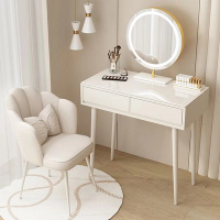 法式奶油風實木梳妝台輕奢化妝台桌（全實木80CM+圓鏡+全白花瓣椅）