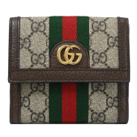 【GUCCI 古馳】經典雙G緹花條紋織帶拼接雙面扣式零錢短夾(咖)