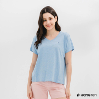 【Hang Ten】女裝-有機棉寬鬆V領刺繡短袖T恤-淺花紗藍