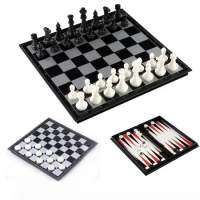 Chess and Checkers and Backgammon 3 in 1 Plastic Chess Set Travel Chess Game Magnetic Chess Pieces Folding Chess Board