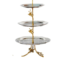Imported Brass Stainless Steel Three-Layer Cake Stand Luxury American Afternoon Tea Cake Plate Art Fruit Plate