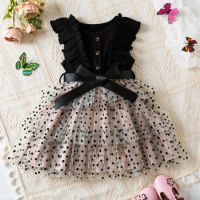 2024 Korean Summer Girls Dress Polka-Dot Mesh Casual Layered Dresses Kids Birthday Princess Dress Baby Girls Clothes for 1-5Yrs