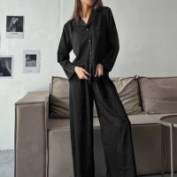 Marthaqiqi Casual Female Sleepwear Suit Long Sleeve Pajama Turn-Down Collar Nightgowns Pants Loose Spring Home Clothes For Women