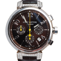 LV Q112G Tambour 鱷魚皮壓紋錶帶鏡面鑲鑽不鏽鋼自動計時腕錶-40mm