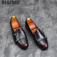 Double Monk Strap Shoes Italian Brand Loafers Men Formal Shoes Leather Big Size Leather Shoes Men Elegant Sepatu Slip On Pria