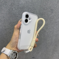 เคสโทรศัพท์แบบใส ทนต่อการตก สองชั้น สีขาวเรียบง่าย พร้อมเชือกเส้นเล็ก เข้ากันได้กับ iPhone 16, 15, 1