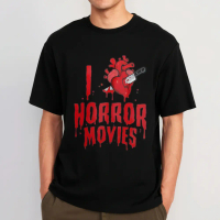 Kaos Hitam I Love Horror Movies dengan Desain Jantung Berdarah dan Pisau untuk Penggemar Film Horor
