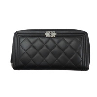【二手名牌BRAND OFF】CHANEL 香奈兒 黑色 羊皮 菱格紋 Boy Chanel 拉鍊 長夾 A80288