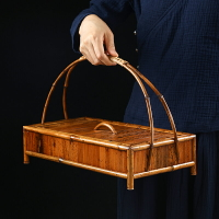 竹制梅鹿竹提盒 提梁茶具收納盒 禪意復古中式大漆茶盒 食盒提籃