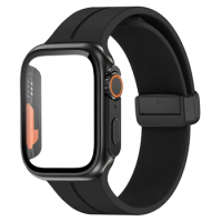 Glass+case+Strap For Apple watch band 44mm 45mm 41mm 40mm Magnetic buckle Silicone Bracelet+cove iWatch Series 8 se 7 6 5 4