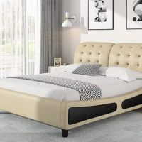 Platform Bed Frame with Curved Headboard Wood Slat Support/Faux Leather Upholstered Queen Size bed