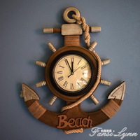 地中海風格復古做舊船錨掛鐘墻面裝飾品掛件木質船舵創意靜音鐘錶