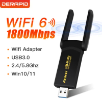 WiFi 6 AX1800 USB3.0 Adapter Dual Band 2.4G/5Ghz Network Dongle High Gain Wifi Antenna For Desktop/Laptop Windows 10/11 WiFi USB