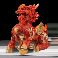 1Pair Lucky Red Fire Kirin Copper Unicorn Ornaments Company Office Home Living Room Decor Crafts Statue Sculpture