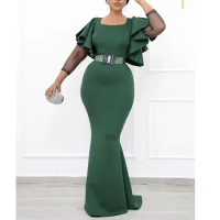 Elegant Party Green Long Dress 2023 New Identified Fashion Banquet Green Dress Solid Color Mesh African Female Maxi Dress