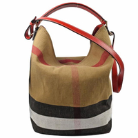 【BURBERRY 巴寶莉】經典格紋棉麻肩斜兩用子母水桶包(紅邊)
