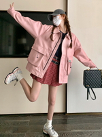 復古pu皮衣工裝外套女春秋高級感粉色機車服夾克上衣