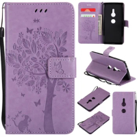Book Case For Sony Xperia XZ2 / For Sony Xperia XZ2 With Magnetic Closure Card Compartment Tree And Cat Pattern Phone Cover