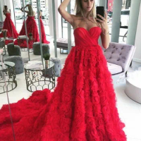 Sexy red A-line Side evening Dress sweetheart with Cascading Flower prom dress Party Gowns Draped court train Evening Gowns