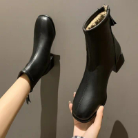 Plus Size 43 Square Toe Ankle Boots Women Winter Plush Warm Zipper Mid Tthick Heel Chelsea Boot Elegant Office Shoes Botas Mujer