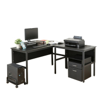 【DFhouse】頂楓150+90公分大L型工作桌+主機架+桌上架+活動櫃-黑橡木色