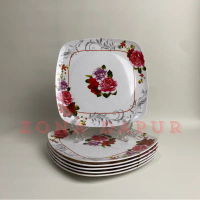 (6 pcs / 1 lusin) - Piring Melamin Persegi Ceper 9 inch MeiShing Motif Bunga - Piring Saji Melamine 