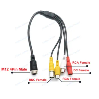 1Pcs 4Pin M12 4Pin Aviation Male / Female Plug to BNC + Dual RCA + DC Female Cable for CCTV Camera Security DVR Microphone 35CM