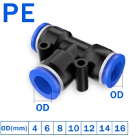20/100 quick connection 4mm 6mm 8mm 10 12MM Tee 3Way tube connector plastic pipe water