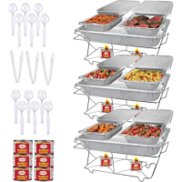 Full Size 39-Pcs Disposable Chafing Buffet Set with 6hr Fuel Cans, Covers, Serving Utensils - Premium Chafing Dish Set for Cater