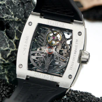 OBLVLO Men Automatic Watch 44mm Luxury Mechanical Wristwatch Fashion Waterproof Tonneau Hollow Out Dial Sapphire Rubber Strap