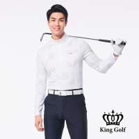 【KING GOLF】男款LOGO印圖底布壓紋立領拉鍊長袖POLO衫-白色