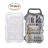 31-piece drill bit set for woodworking and home use, including twist drill bits, flat drill bits, co