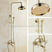 Luxury Gold Color Brass 8" Rainfall Shower Head Bathroom Shower Faucet Set Tub Mixer Tap with Hand Shower Kgf441