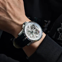OBLVLO Luxury Transparent Hollow Men Skeleton Automatic Watch Sport Mechanical Tourbillon Calfskin Leather Sapphire Clock RM-E