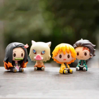 4pcs/set Anime Demon Slayer figurineTanjiro Nezuko Inosuke Zenizu Q Ver. Sitting Action Figure Kimetsu No Yaiba figure Model Toy