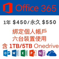 Microsoft微軟 綁定個人版 Office365 半年、一年、永久+1TB 5TB Onedrive 6個裝置