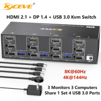 KCEVE 2 Displayport + HDMI USB 3.0 KVM Switch 3 Monitors 3 Computers 8K@60Hz 4K@144Hz Triple Monitor KVM with 4 USB 3.0 Ports