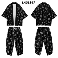 Black Print Chinese Style 2pcs Suit Loose Japanese Samurai Harajuku Kimono Cardigan Women Men Cosplay Yukata Tops Pants Set