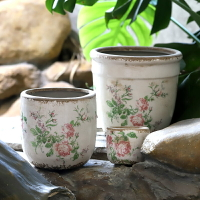 創意復古做舊粉色玫瑰陶瓷花盆園藝花卉綠植多肉北歐現代花園擺設