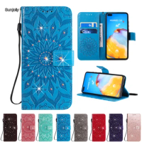 Sunjolly Rhinestone Phone Case for Samsung Galaxy A80 A90 A10E A260 Core Sun Flower Flip Wallet PU Leather Cases Cover coque