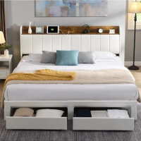 Upholstered Bed Frame King Size With Headboard Under Bed Storage No Box Spring Needed/Noise Free/Heavy Duty/White Platform Queen