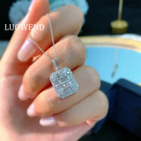 LUOWEND 18K White Gold Pendant Necklace Luxury Square Design Real Diamond Necklace Proposal Wedding Jewelry Elegant Engagement